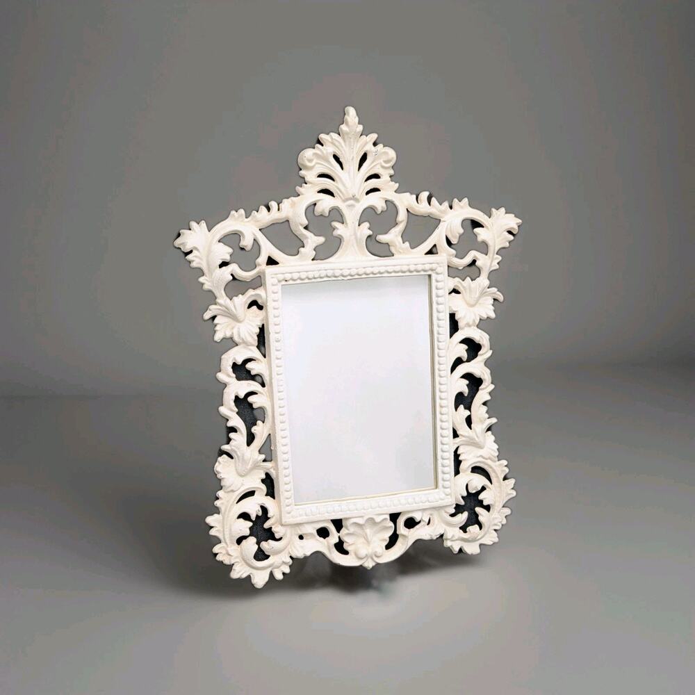 Ornate Cast Iron Victorian Style Vintage Mirror Cottage White 10 x 13.5 Inches